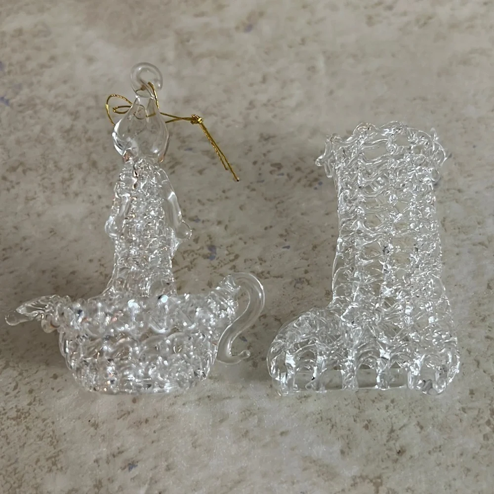 Old Vintage Christmas Spun Glass Ornament Stocking and Candlestick